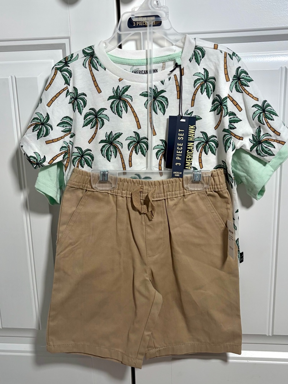 Boys White Palm-Print Tee & Khaki Shorts Set with Extra Green & Gray Tee